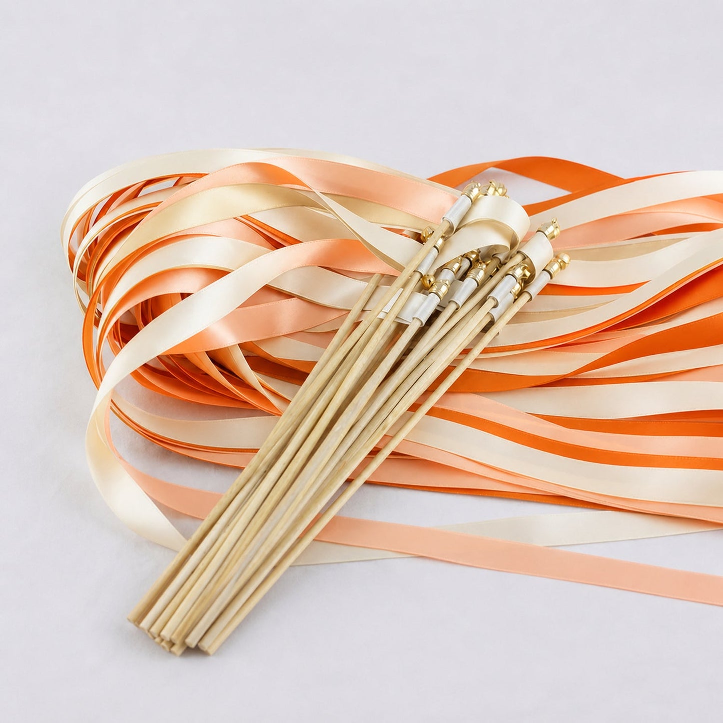 Handmade Citrus Peach Wedding Ribbon Wands with Bell - Cream, Orange and Peach