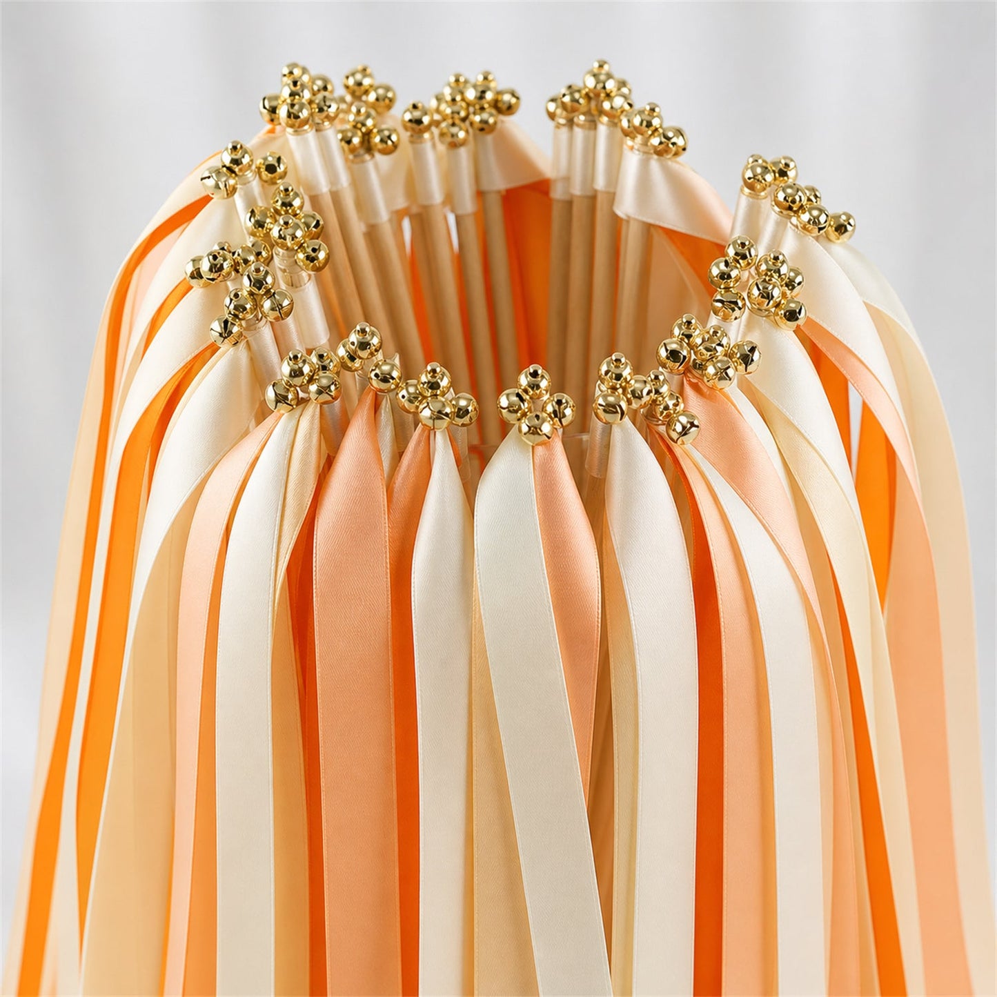 Handmade Citrus Peach Wedding Ribbon Wands with Bell - Cream, Orange and Peach