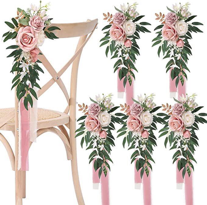 6pcs Outdoor Wedding Aisle Decorations Wedding Chair Decor for Wedding Ceremony White Wedding Artificial Flowers for Chair Decor Pew Flowers