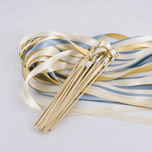 Handmade Ivory, Yellow and Dusty Blue Ribbon Wands - Sunshine and Sky Wedding Send-Off
