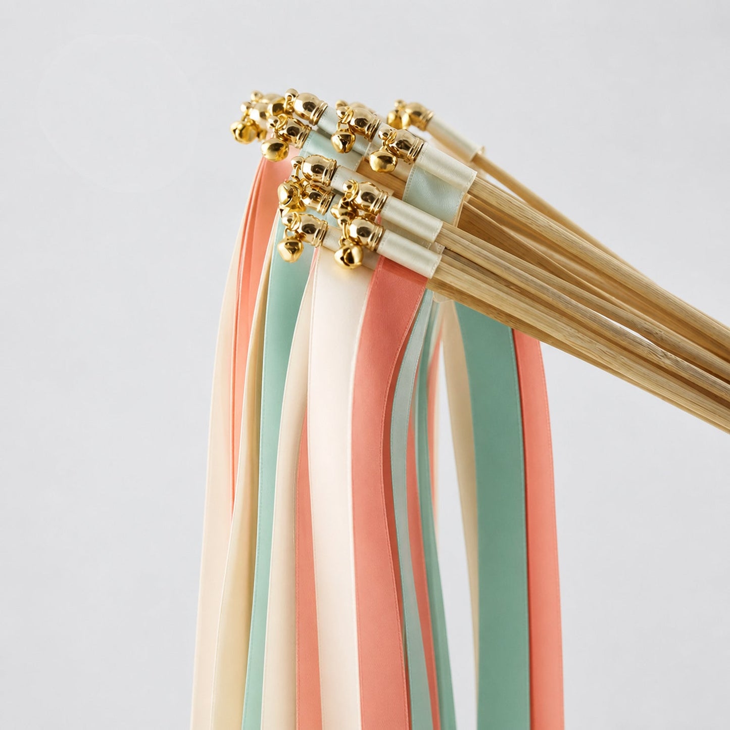 Handmade Ivory, Coral and Seamist Wedding Ribbon Wands with Bell