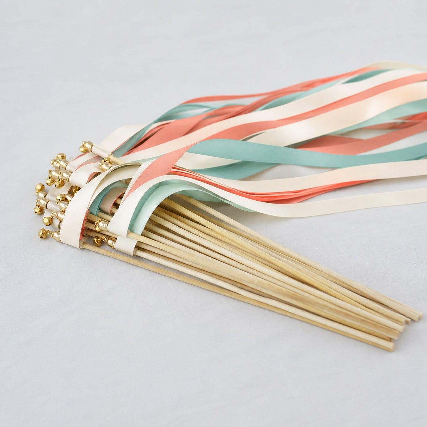 Handmade Ivory, Coral and Seamist Wedding Ribbon Wands with Bell