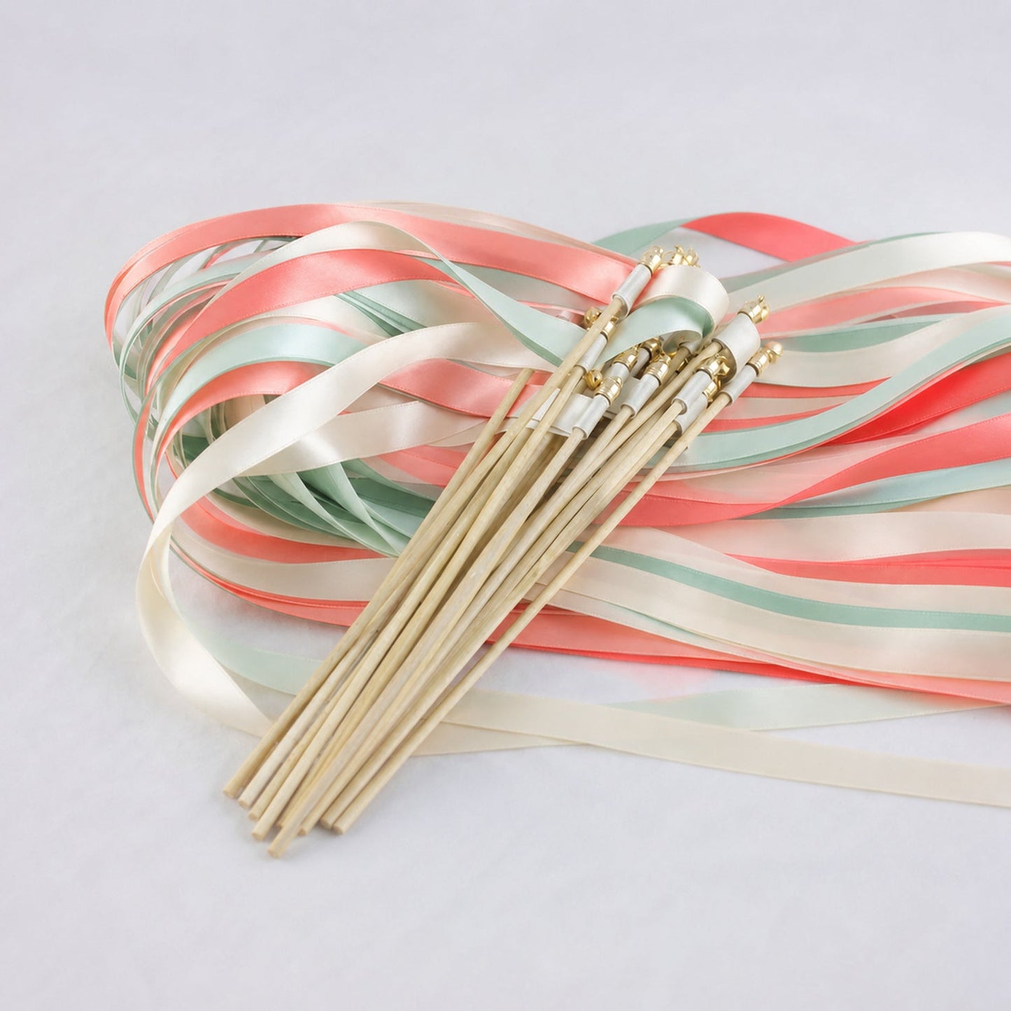 Handmade Ivory, Coral and Seamist Wedding Ribbon Wands with Bell