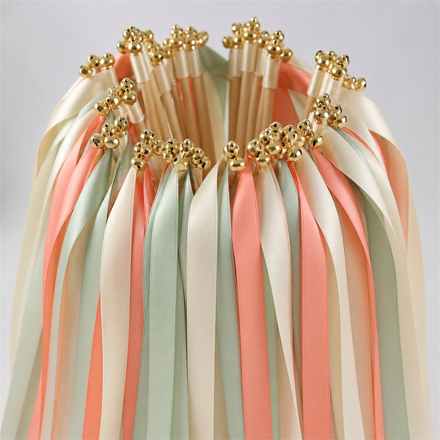 Handmade Ivory, Coral and Seamist Wedding Ribbon Wands with Bell