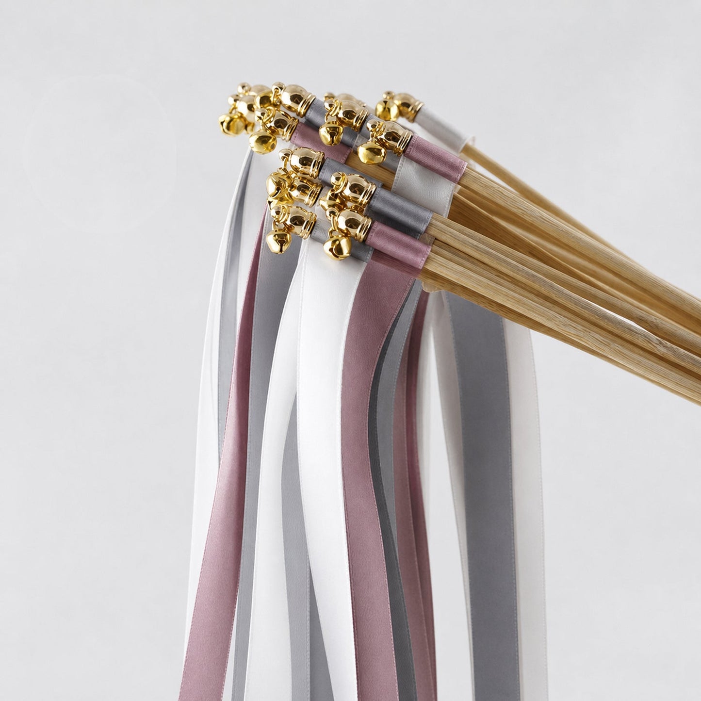 Handmade Modern Mauve Gray Wedding Ribbon Wands - White, Gray and Antique Mauve Triple Ribbon with Bell