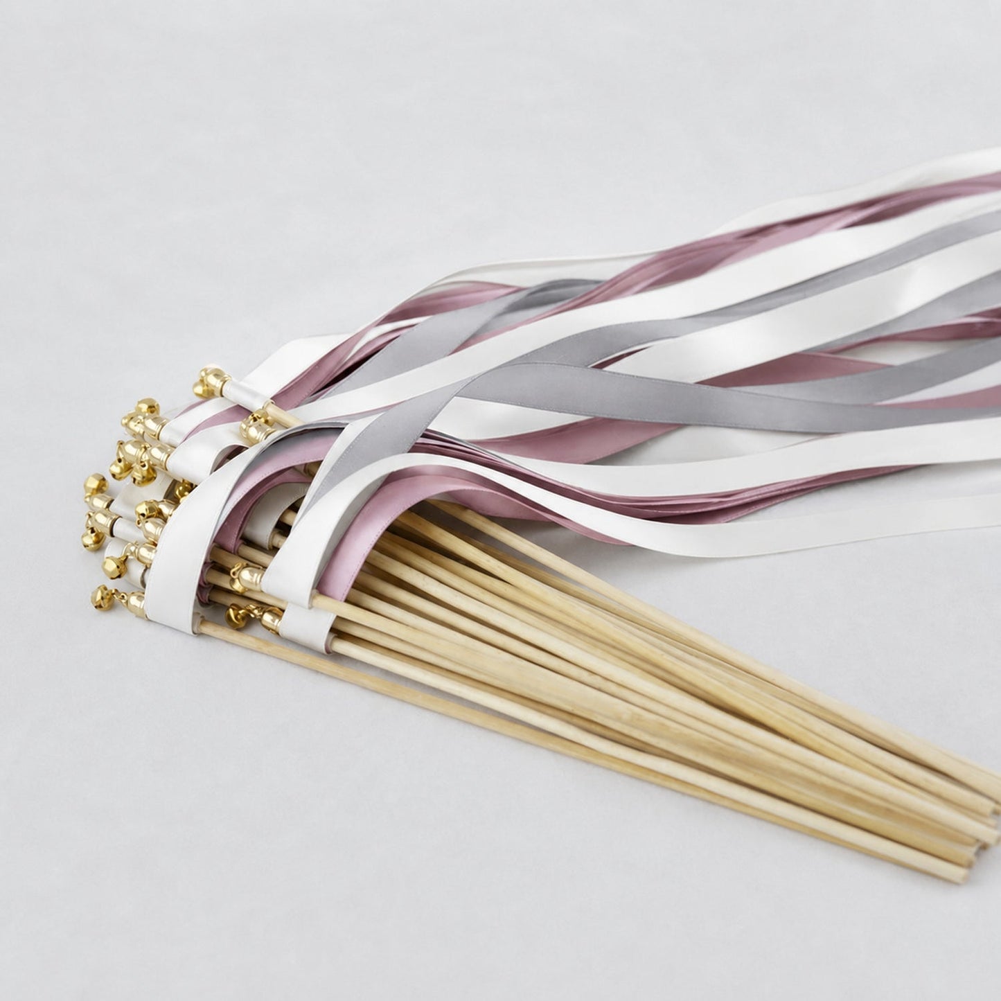 Handmade Modern Mauve Gray Wedding Ribbon Wands - White, Gray and Antique Mauve Triple Ribbon with Bell