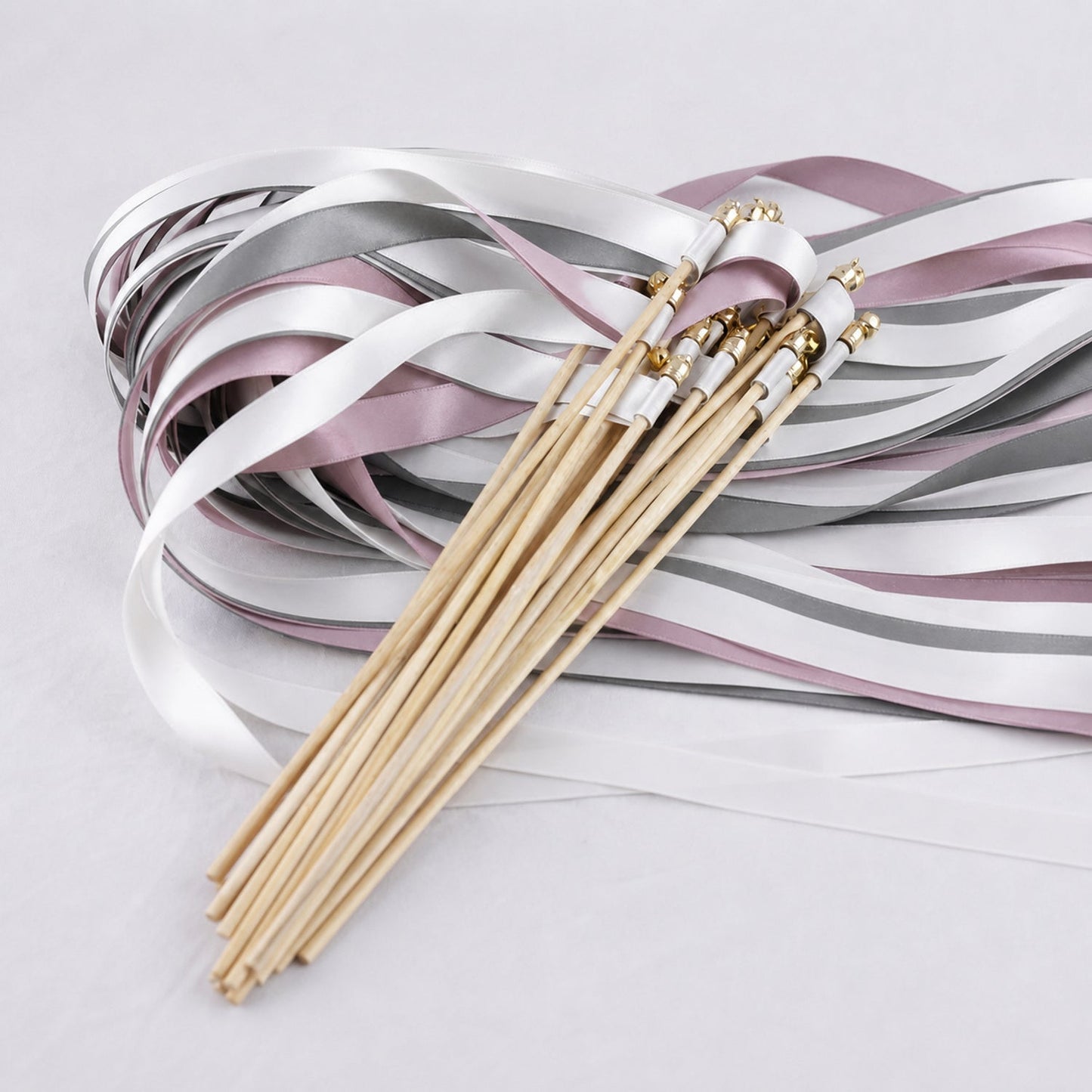 Handmade Modern Mauve Gray Wedding Ribbon Wands - White, Gray and Antique Mauve Triple Ribbon with Bell