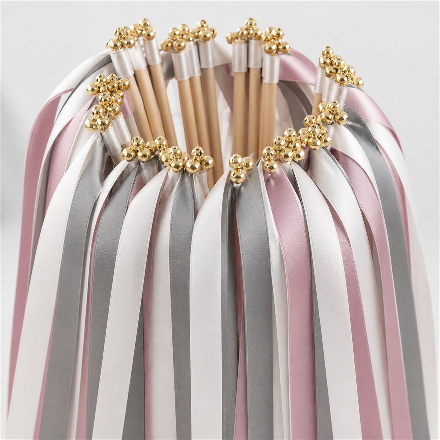 Handmade Modern Mauve Gray Wedding Ribbon Wands - White, Gray and Antique Mauve Triple Ribbon with Bell