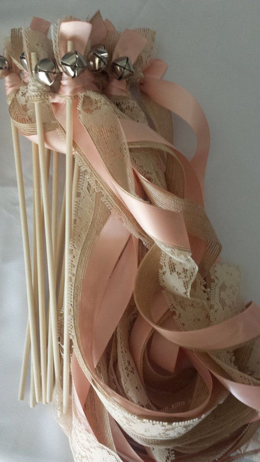 Handmade Rustic Blush Pink Burlap Lace Wedding Ribbon Wands with Silver Bells