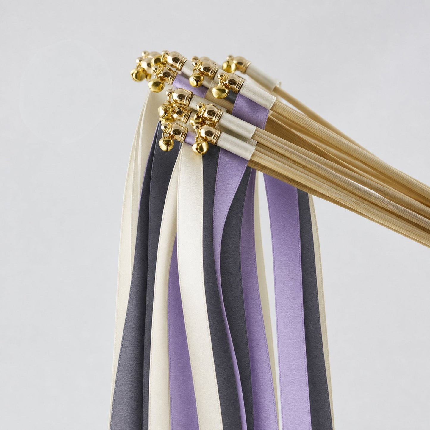 Handmade Ivory, Charcoal and Wisteria Wedding Exit Ribbon Wands with Bell