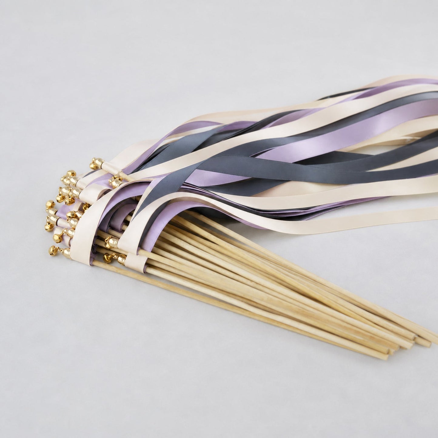 Handmade Ivory, Charcoal and Wisteria Wedding Exit Ribbon Wands with Bell