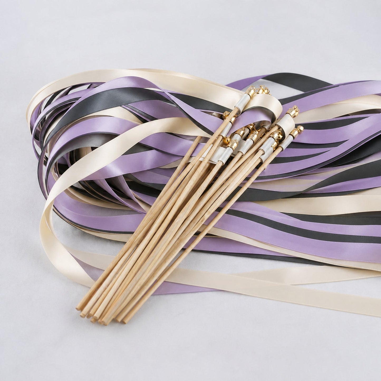 Handmade Ivory, Charcoal and Wisteria Wedding Exit Ribbon Wands with Bell