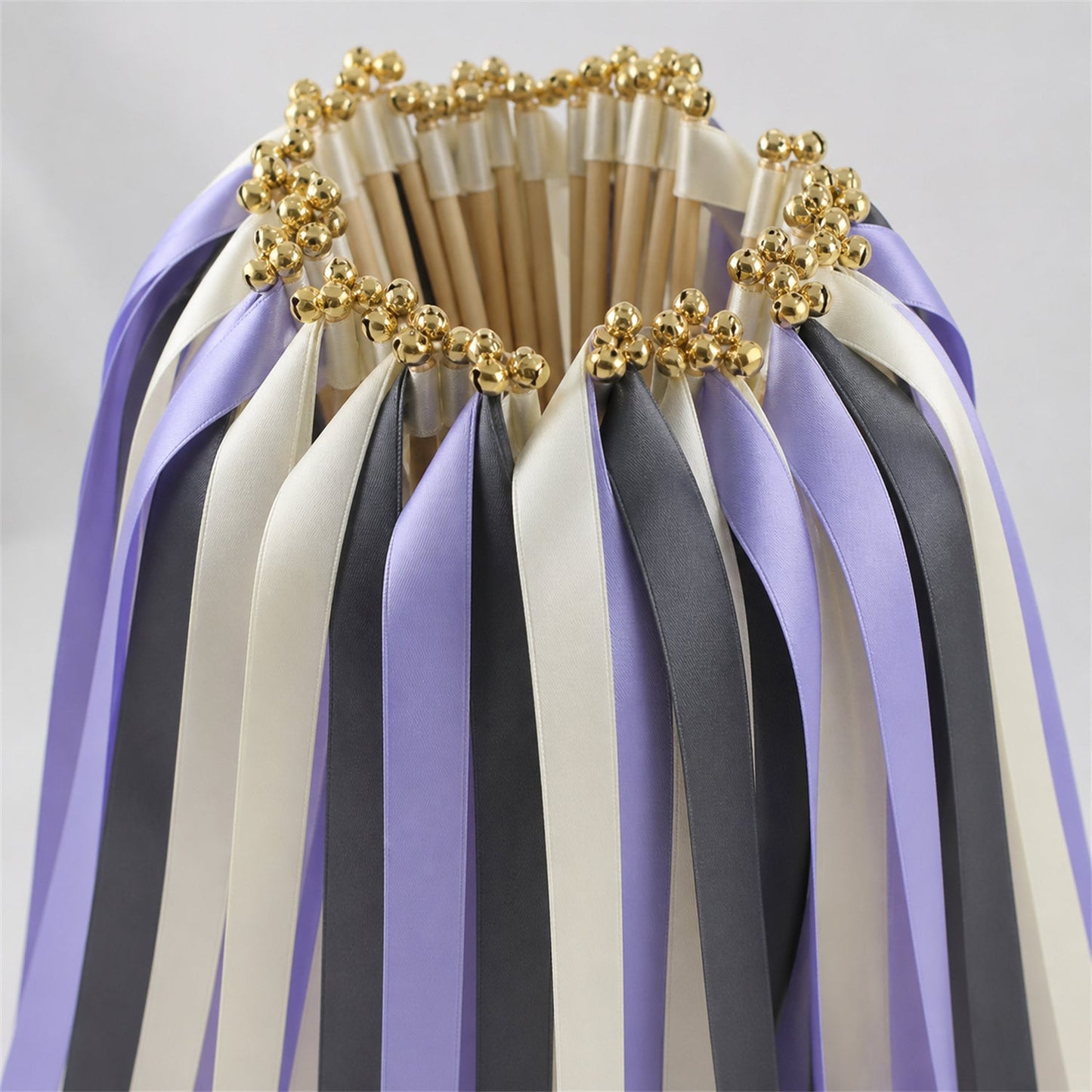 Handmade Ivory, Charcoal and Wisteria Wedding Exit Ribbon Wands with Bell