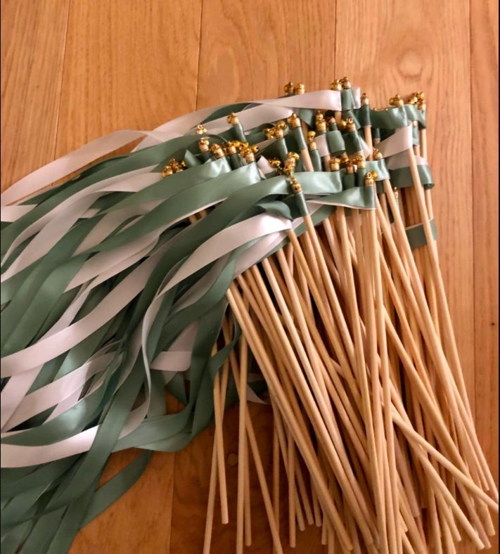 Handmade Elegant Sage Green and White Wedding Ribbon Wands with Gold Bells