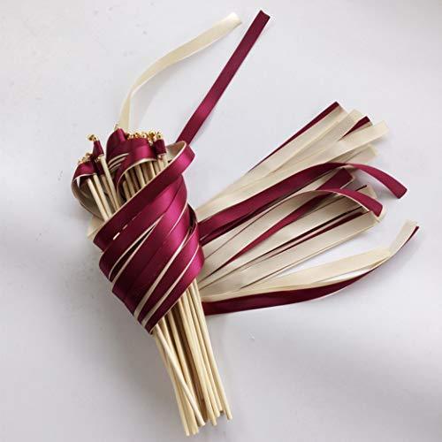 50 Pcs Wine Cream Wedding Ribbon Wands Fairy Sticks with Gold Bell for Wedding Favor Party Decoration - Hibrides