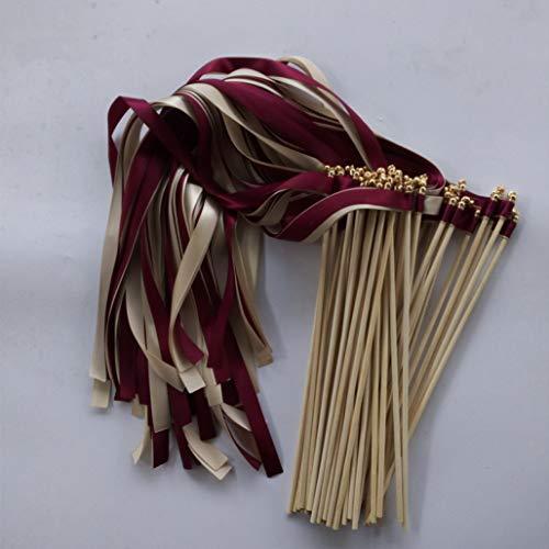 50 Pcs Wine Cream Wedding Ribbon Wands Fairy Sticks with Gold Bell for Wedding Favor Party Decoration - Hibrides