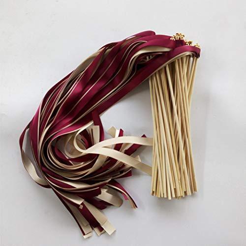 50 Pcs Wine Cream Wedding Ribbon Wands Fairy Sticks with Gold Bell for Wedding Favor Party Decoration - Hibrides