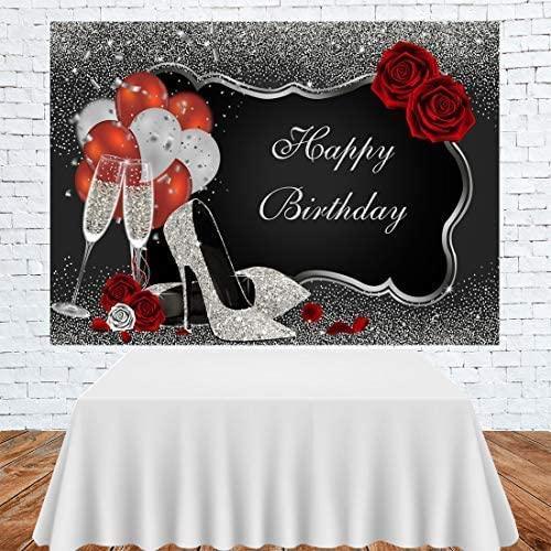 Sliver and Black Happy Birthday Backdrop Glitter Sequin High Heels Champagne Glasses Red Rose Balloons - Hibrides