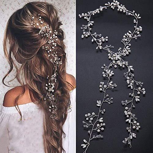 Bridal Rose Gold and Gold Silver Extra Long Pearl and Crystal Beads Bridal Hair Vine Wedding Head Piece Bridal Hair Accessories (Silver) 