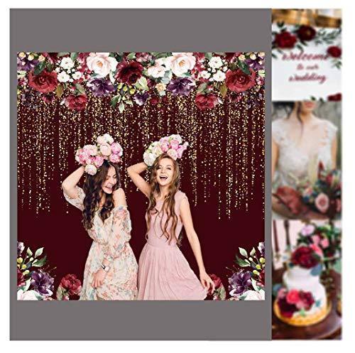 Durable Fabric Burgundy Red Flowers Backdrop No Wrinkles Golden Glitter Floral Birthday Party Photography - Hibrides