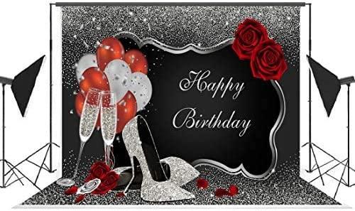 Sliver and Black Happy Birthday Backdrop Glitter Sequin High Heels Champagne Glasses Red Rose Balloons - Hibrides