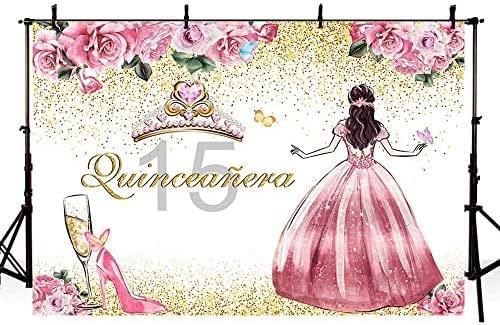 Quinceanera Backdrop for Girl Happy 15th Birthday Background Pink Flowers High Heels Crown Princess Birthday Party Decorations - Hibrides