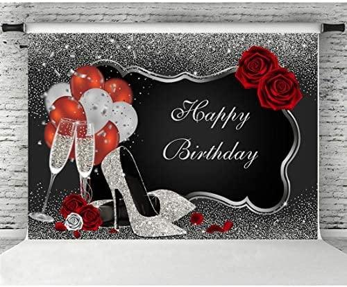 Sliver and Black Happy Birthday Backdrop Glitter Sequin High Heels Champagne Glasses Red Rose Balloons - Hibrides