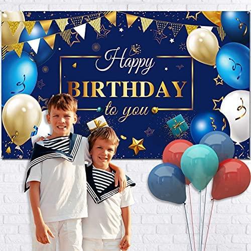 Happy Birthday Decorations Banner, Navy Blue and Gold Happy Birthday Sign Birthday Photo Backdrop - Hibrides