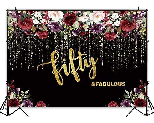 Flowers Gold 50th Birthday Party Backdrop Adult Lady Golden Glitter Photography Background - Hibrides
