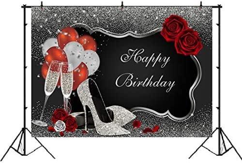 Sliver and Black Happy Birthday Backdrop Glitter Sequin High Heels Champagne Glasses Red Rose Balloons - Hibrides