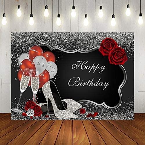 Sliver and Black Happy Birthday Backdrop Glitter Sequin High Heels Champagne Glasses Red Rose Balloons - Hibrides