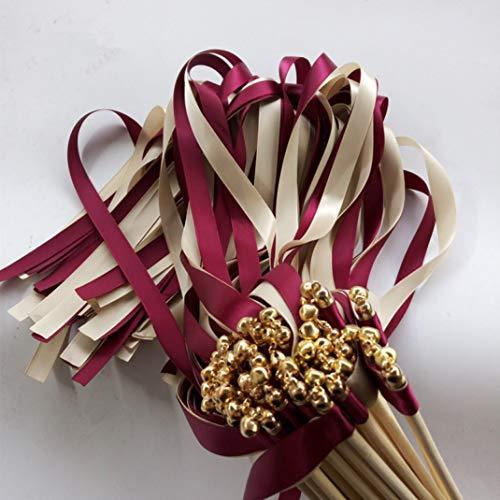 50 Pcs Wine Cream Wedding Ribbon Wands Fairy Sticks with Gold Bell for Wedding Favor Party Decoration - Hibrides