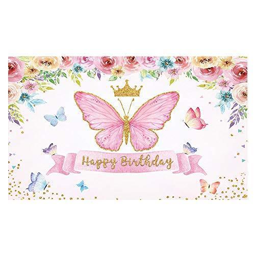 Happy Birthday Butterfly Party Backdrop Purple Baby Girls Princess Pink Rose Floral Gold Photography Background - Hibrides