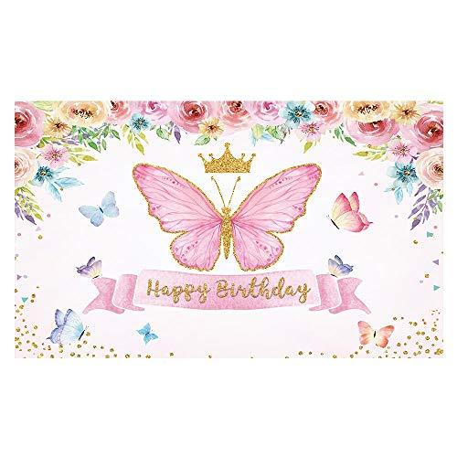 Happy Birthday Butterfly Party Backdrop Purple Baby Girls Princess Pink Rose Floral Gold Photography Background - Hibrides