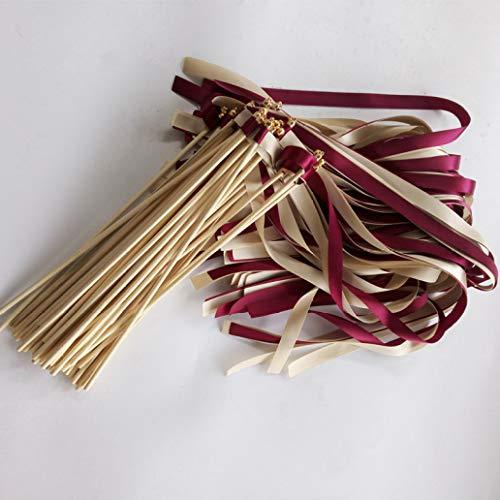 50 Pcs Wine Cream Wedding Ribbon Wands Fairy Sticks with Gold Bell for Wedding Favor Party Decoration - Hibrides