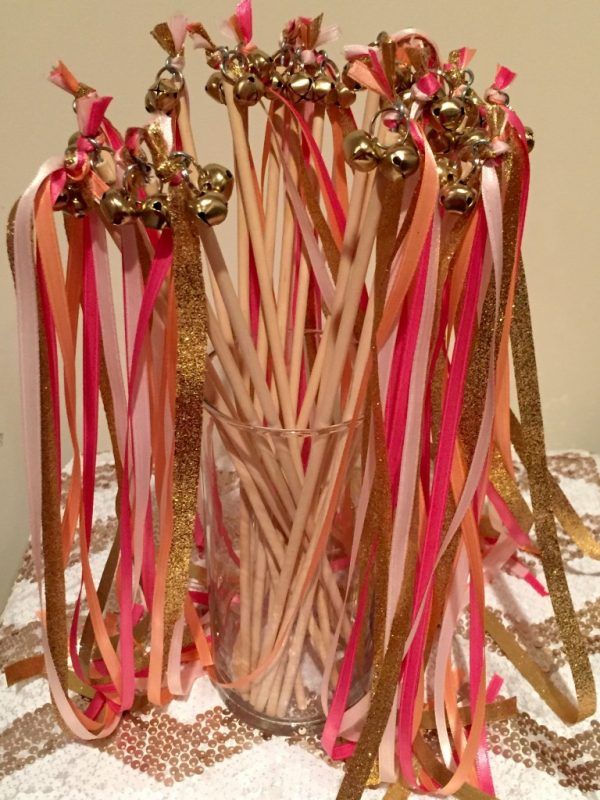 Handmade Glam Pink and Gold Wedding Ribbon Wands with Bells