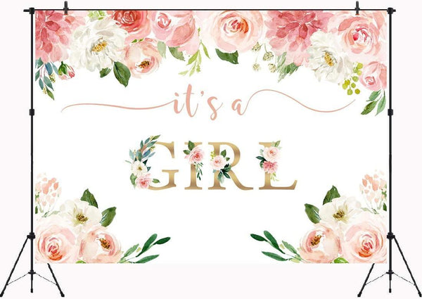 It's a Girl Baby Shower Backdrop Watercolor Pink Floral Photography Background 7x5ft - Hibrides