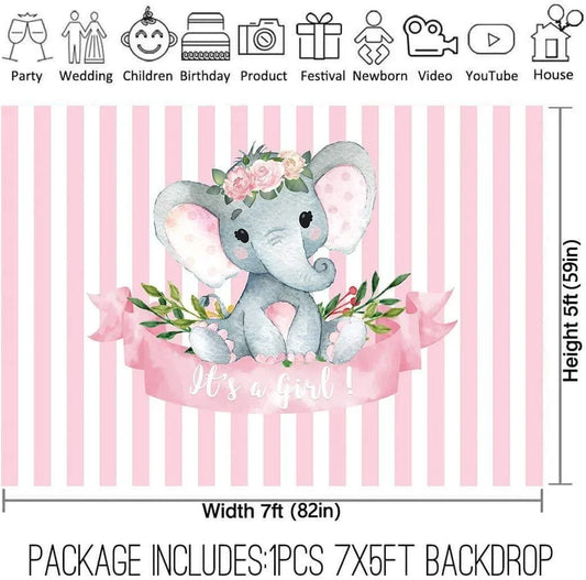 7x5ft It's a Girl Elephant Backdrop for Baby Shower Princess Newborn Birthday Decoration - Hibrides