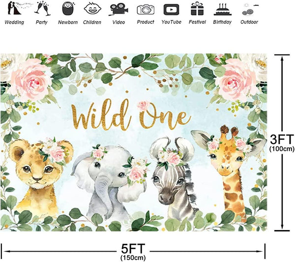 Girl Jungle Safari Animals Wild One Backdrop 1st Birthday Pink Floral Green Leaves Photography Background - Hibrides