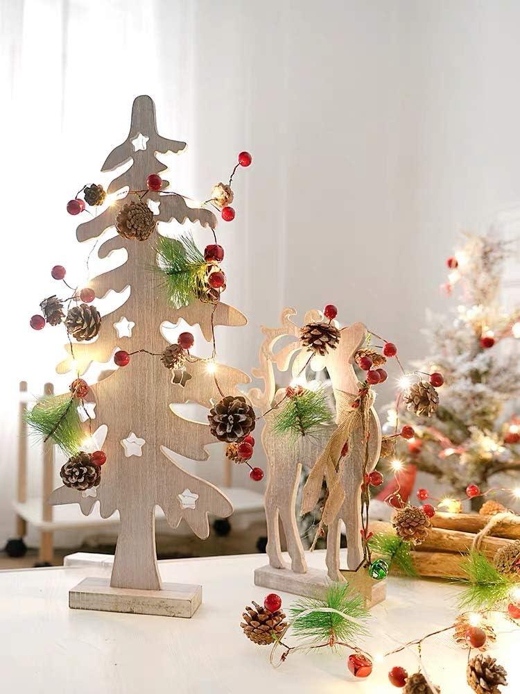 10ft 35 LED Christmas Garland with Lights, Christmas Pinecone Lights Red Berry Pine Needles Bell Battery Operated Xmas Lights - Hibrides