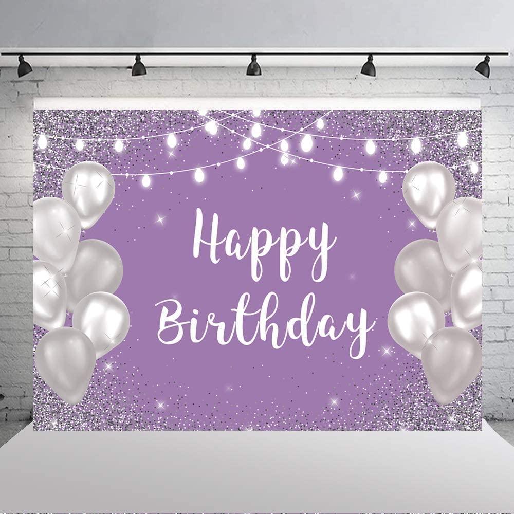 Violet Purple Silver Happy Birthday Photo Backdrop Silver Balloon White Lights Girls 16th 18th 30th Birthday Party Banner - Hibrides