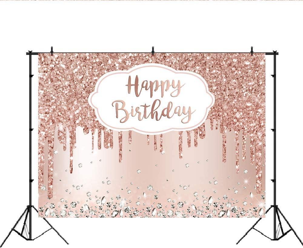 Pink Rose Golden Birthday Party Backdrop Glitter Diamonds Happy Birthday Background - Hibrides