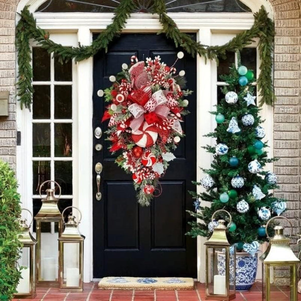 Christmas Candy Cane Wreath for Front Door Red White Teardrop Swag Candy Cane Christmas Stairway Decorations