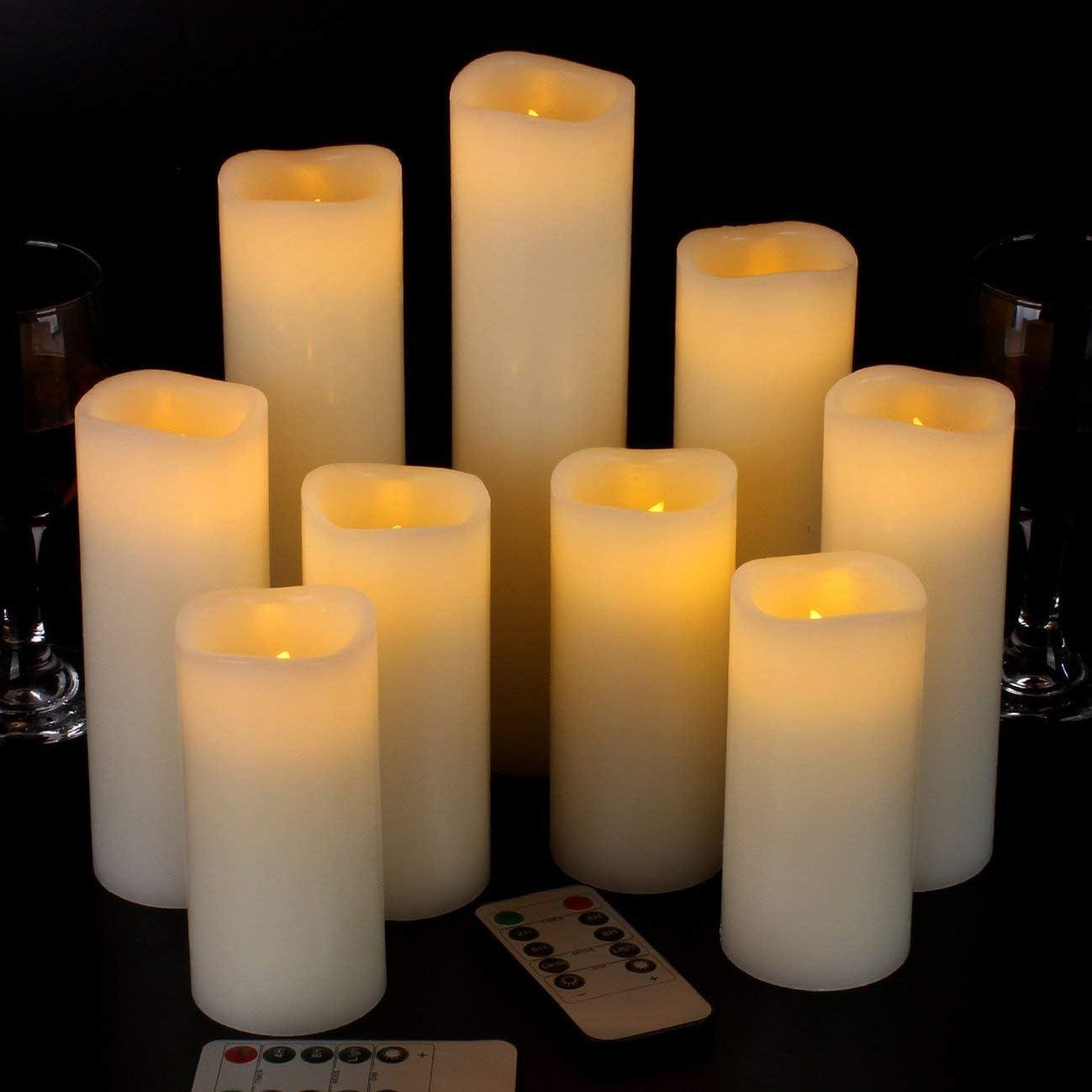 Set of 9 Flameless Candles Battery Operated Candles 4" 5" 6" 7" 8" 9" Ivory Real Wax Pillar LED Candles with 10-Key Remote - Hibrides