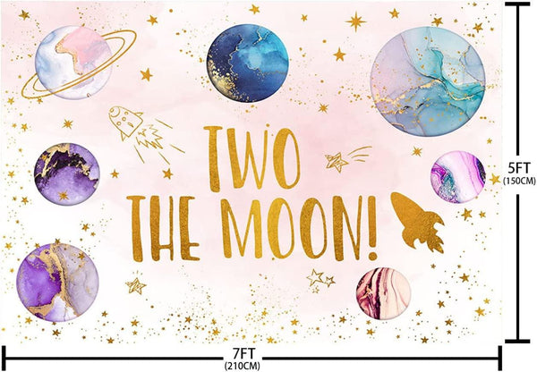 Two The Moon Backdrop Outer Space 2nd Birthday Decorations for Girls Rocket Planet Purple Galaxy Photography Background - Hibrides