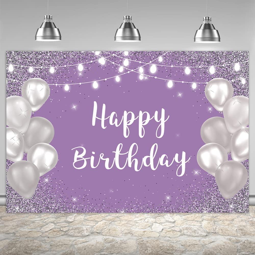 Violet Purple Silver Happy Birthday Photo Backdrop Silver Balloon White Lights Girls 16th 18th 30th Birthday Party Banner - Hibrides