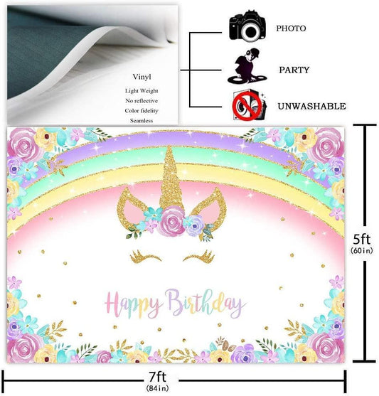 Rainbow Unicorn Backdrop Gold Unicorn Birthday Backdrop Glitter Rainbow Floral Party Photography Background - Hibrides