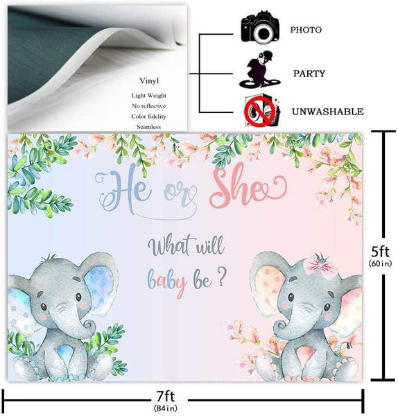 Elephant Gender Reveal Backdrop Pink or Blue Flowers Baby Shower Photography Background - Hibrides