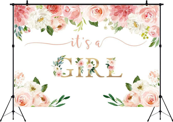 It's a Girl Baby Shower Backdrop Watercolor Pink Floral Photography Background 7x5ft - Hibrides