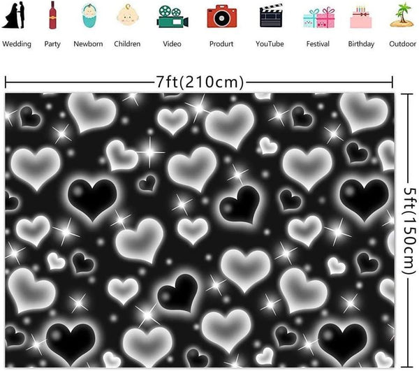 Black Heart Photo Backdrop Early 2000s Party Decorations Old School Backdrops Valentine's Day Glitter Heart - Hibrides